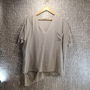 FALCON‎ & BLOOM Grey Short Sleeve Semi-Sheer Pocket Open Back Blouse